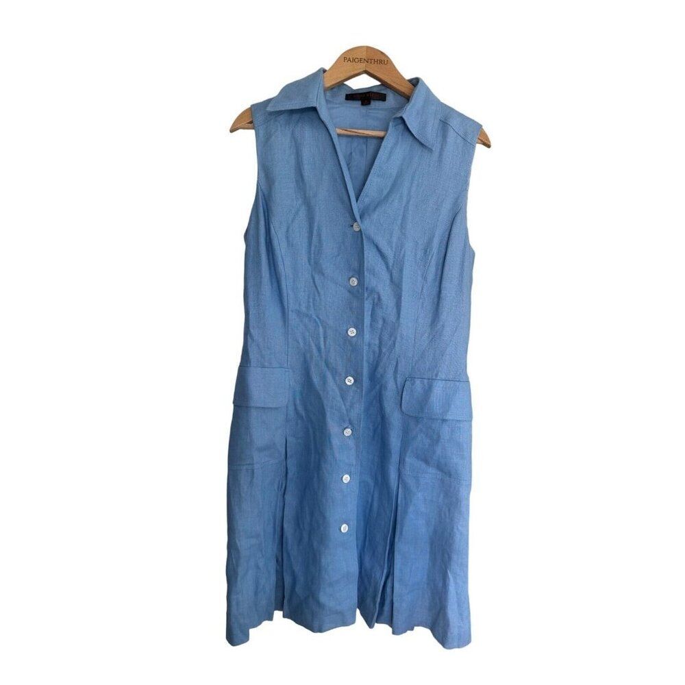 Ann Klein Blue Linen Shirt Tank Dress Pockets Contemporary Career Women's 14